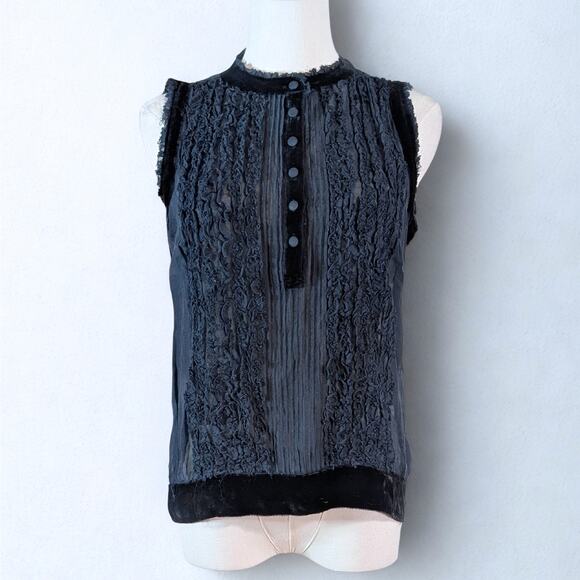 Joie Deep Blue Black Sheer Velvet Trim Sleeveless Blouse Tank Small Whimsigoth - Picture 1 of 5